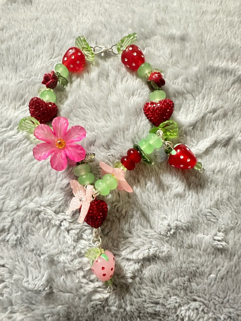 Pink & Red Strawberry Charm Bracelet with Green Accents